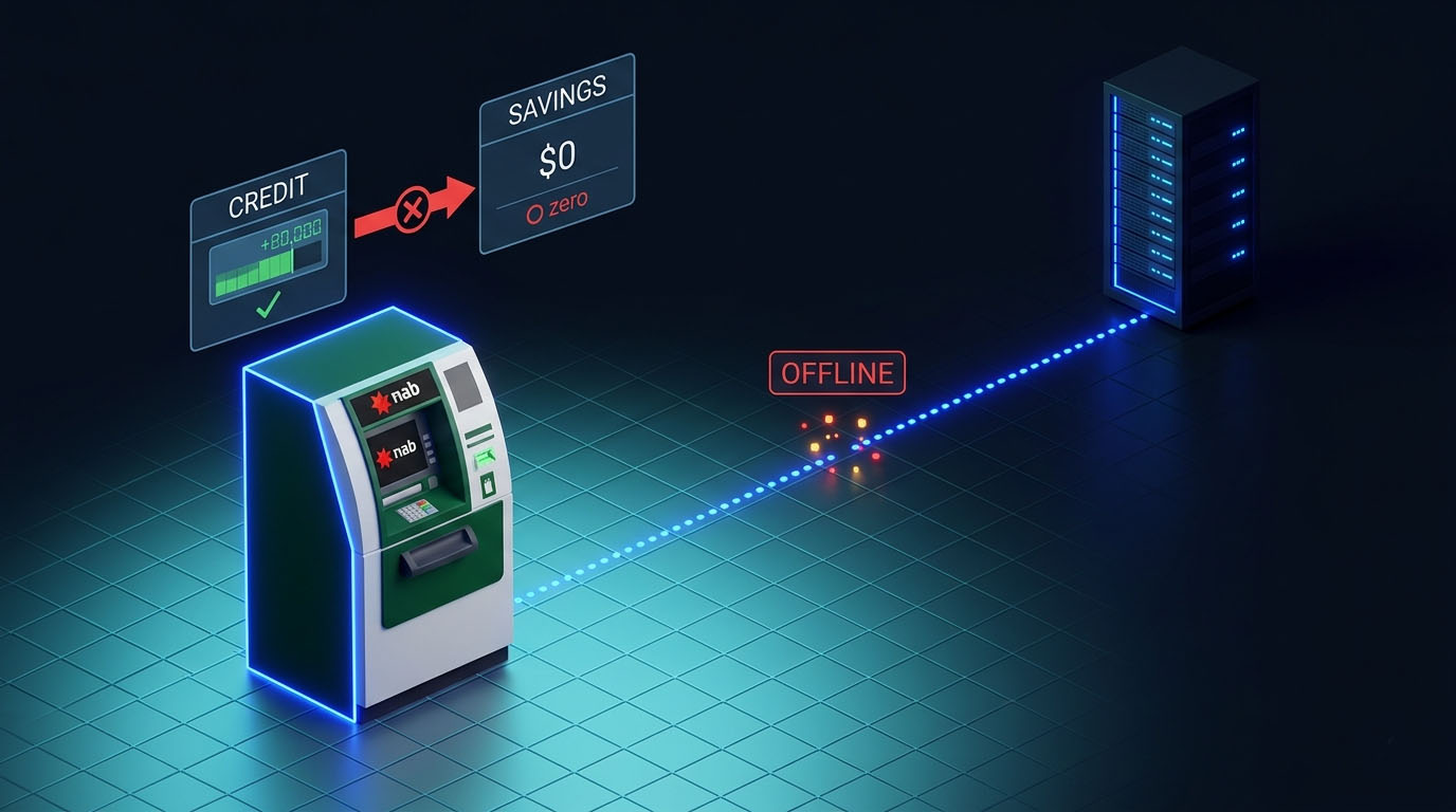 NAB ATM at night with offline server diagram overlay