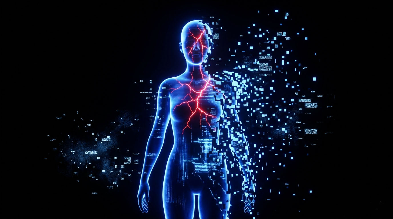 Builder.ai Natasha avatar dissolving into static, conceptual collapse imagery