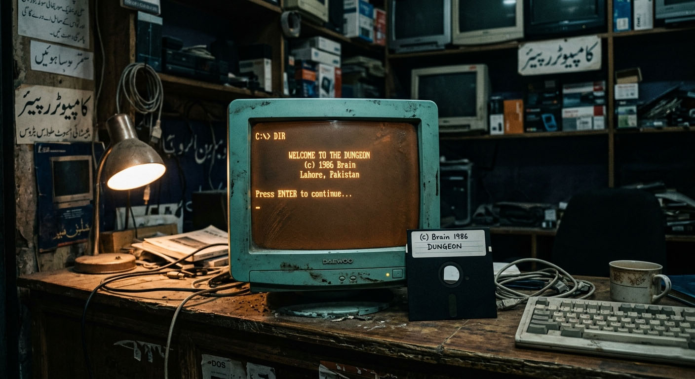 Brain Virus 1986 CRT monitor and floppy disk